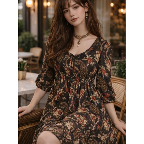 H&M Dresses & Skirts - H&M Womens Babydoll Tunic Dress SIZE 4 Boho Peacock Bird Floral Lined 3/4 Sleeve